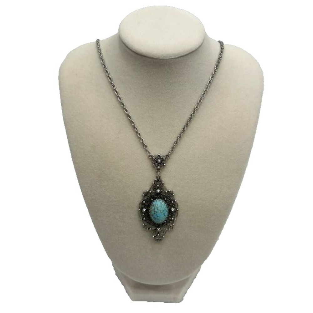 Danecraft 925 Sterling Silver Vintage Filigree Turquoise? Pendant Necklace 22"